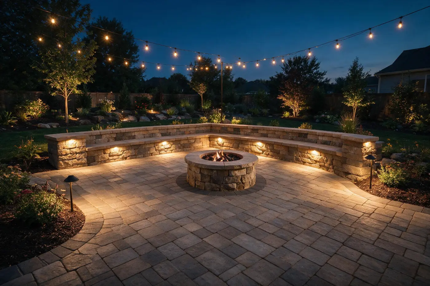 Paver patio with stone fire pit and retaining wall at dusk